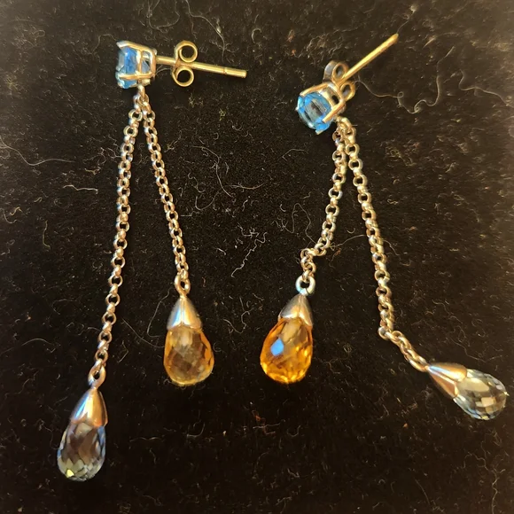 14K Vintage Briolette Blue and Orange Topaz AAA Quality 4 Grams - Picture 3 of 9